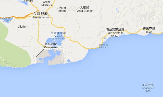 黑框上部为关塔那摩湾,框内为美国海军基地 黑框上部为关塔那摩湾,框内为美国海军基地