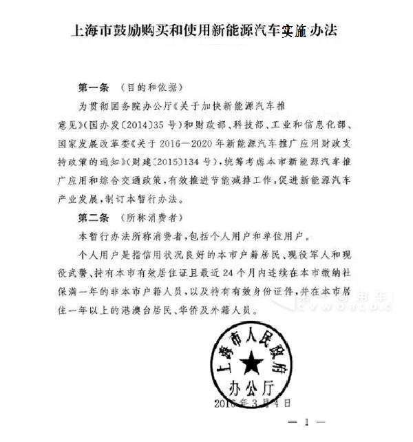 上海市鼓励购买和使用新能源汽车实施办法
