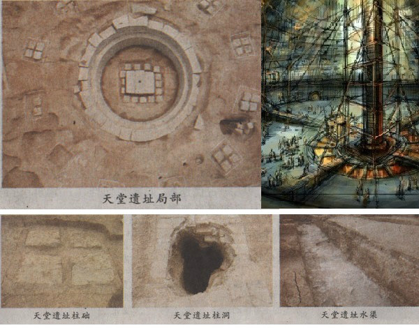天堂遗址,中心柱遗址坑及其示意图 天堂遗址,中心柱遗址坑及其示意图
