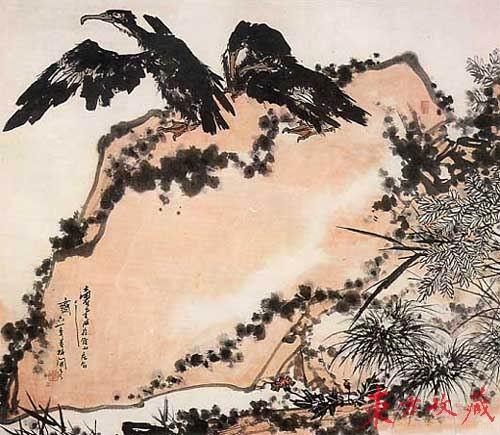 现代写意花鸟:鹰石山花,纸本,水墨,设色,潘天寿作 现代写意花鸟:鹰石山花,纸本,水墨,设色,潘天寿作
