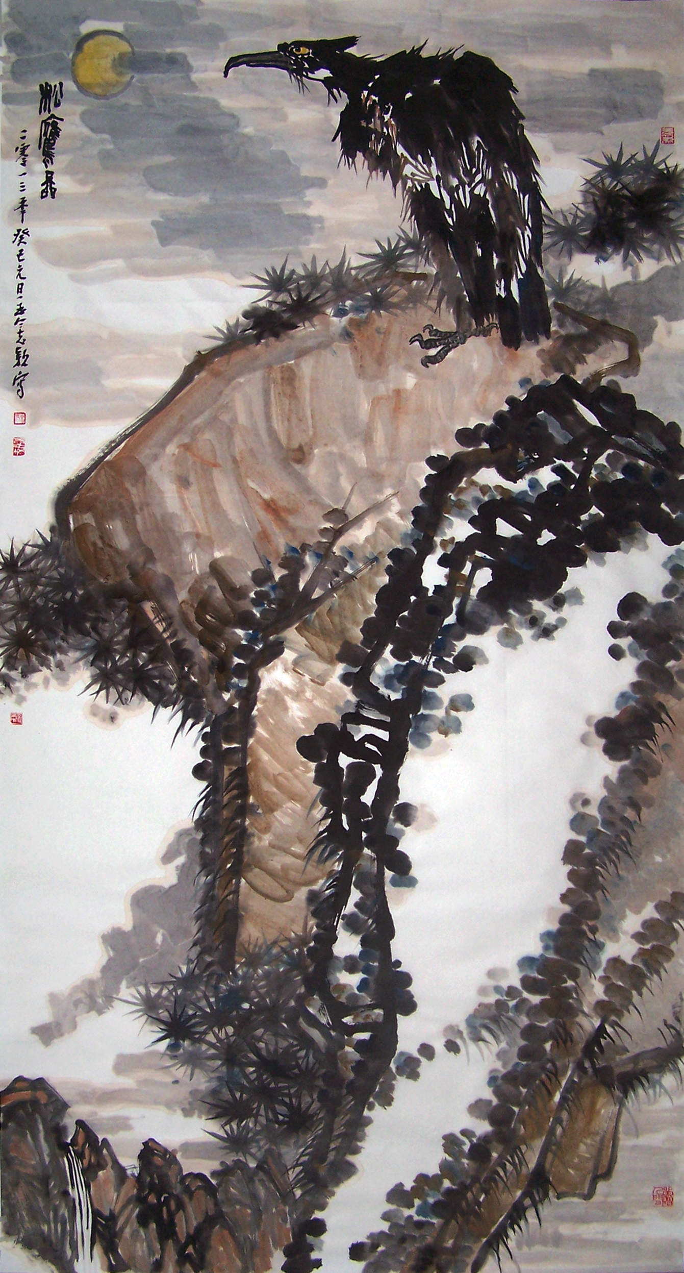 中国画:松鹰图,纸本,水墨,设色 中国画:松鹰图,纸本,水墨,设色