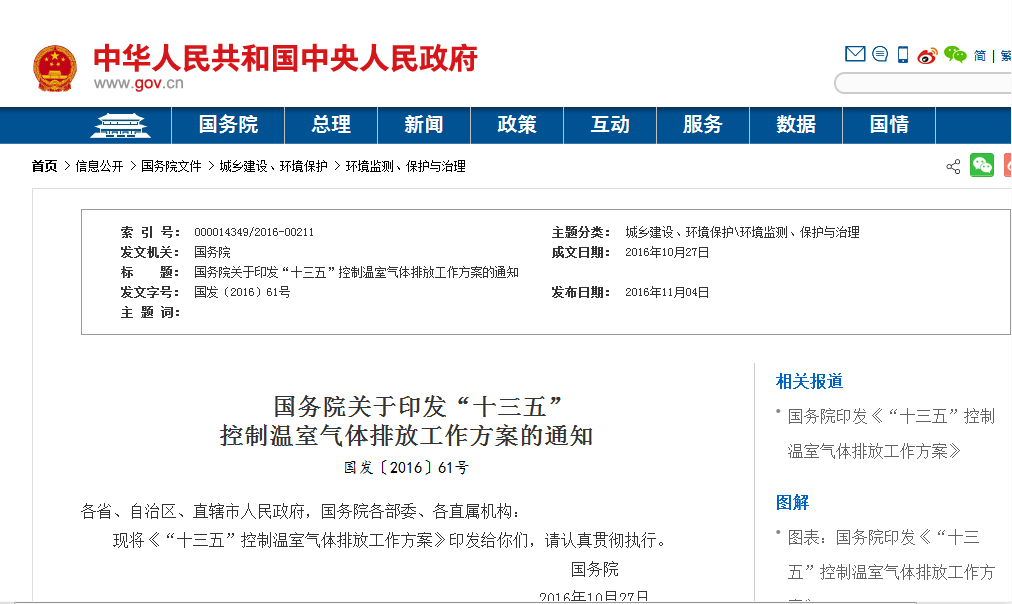 “十三五”控制温室气体排放工作方案