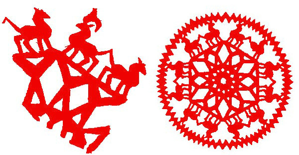 北朝对马团花剪纸(左为残片,右为复原图) 北朝对马团花剪纸(左为残片,右为复原图)