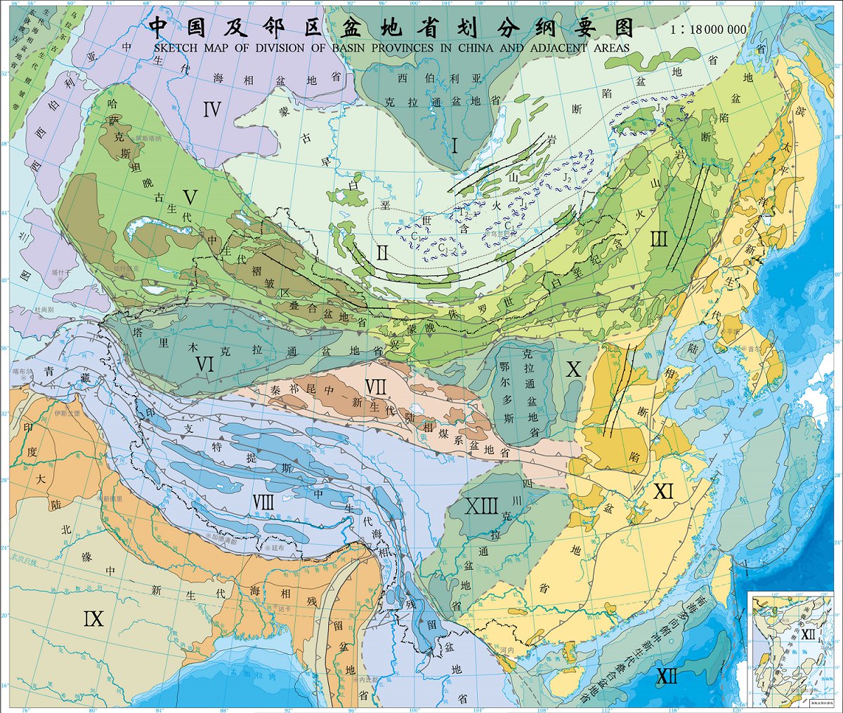 中国及邻区盆地火成岩油气地质纲要图 中国及邻区盆地火成岩油气地质纲要图